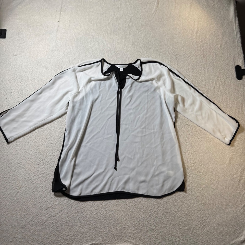 Charming Charlie Womens Size L Black White Split Neck Tie Blouse‎ Top Elegant